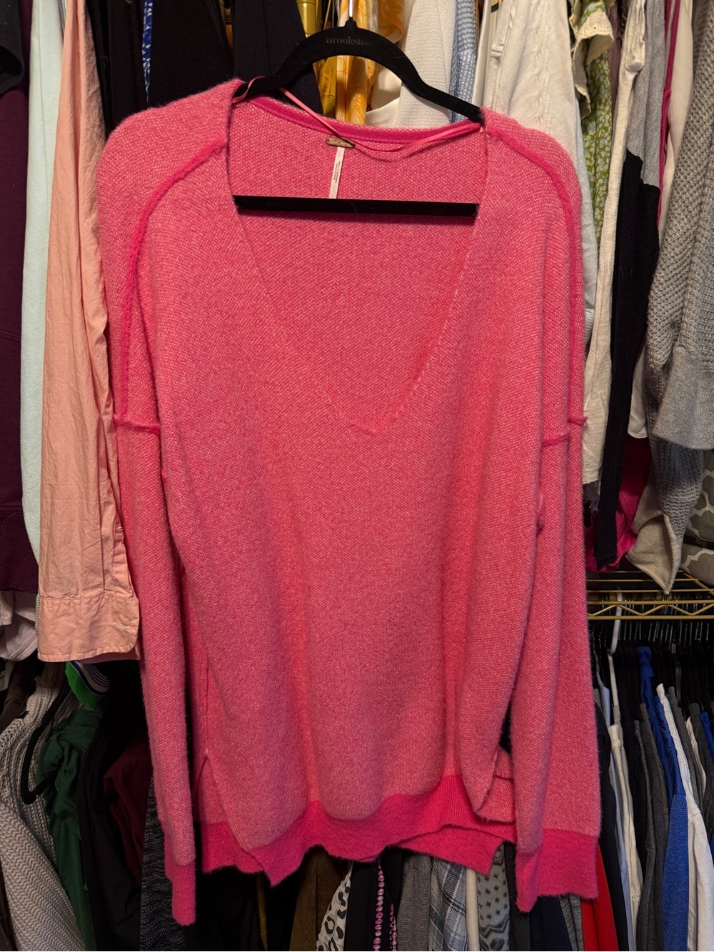 Free People Hot Pink V-Neck Knit Sweater